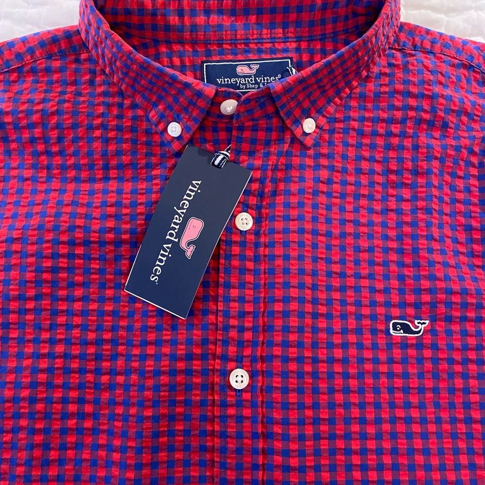 Vineyard Vines Men's Red and Blue Checkered Shirt